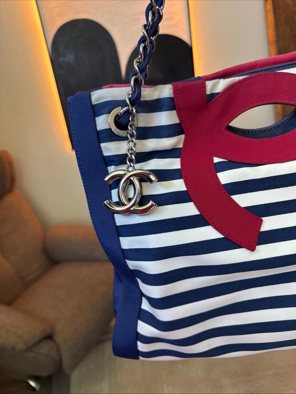 AUTH Chanel Marinière striped Chain Tote  bag. Cruise line